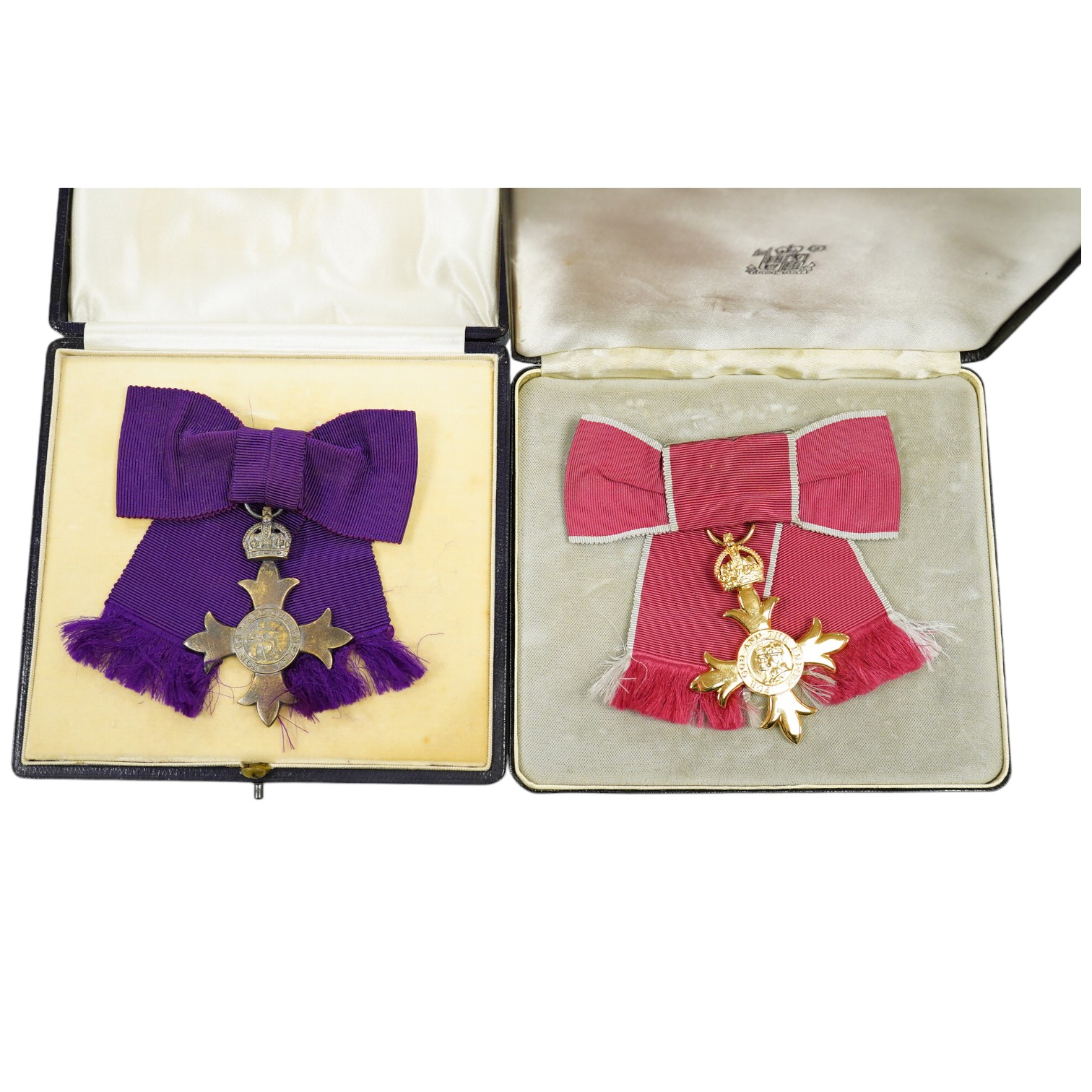 A George V silver gilt Civil O.B.E with purple ribbon and a 2nd type in gilt metal, both cased. Condition - fair to good